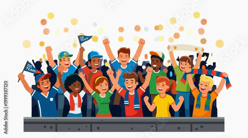 A crowd of animated sports fans cheer wildly, waving flags and banners with animated joy and excitement.