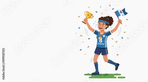 A soccer champion celebrates a hard-earned victory, holding a trophy and flag, against a background of confetti, full of elation and excitement.