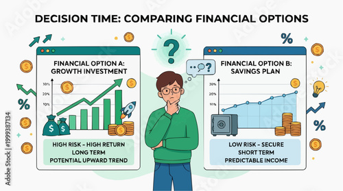 Financial decision concept: comparing financial options, investment & savings plan. A graphic showing financial options and a person. 