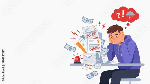 A person is overwhelmed by financial worries, surrounded by bills and a thought bubble of stormy weather. An illustration capturing the stress and anxiety associated with debt and money problems.