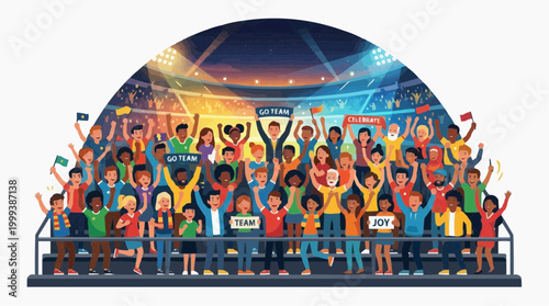 Crowd of fans cheering in a vibrant stadium atmosphere, embodying the spirit of competition and shared excitement, reflecting the energy of a major sporting event.