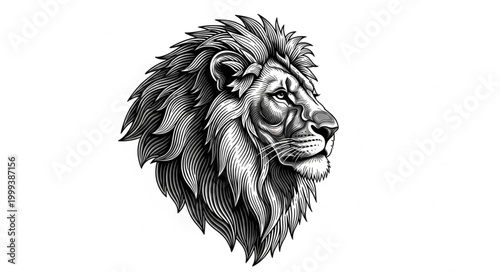 Majestic Lion Head Engraving Illustration.