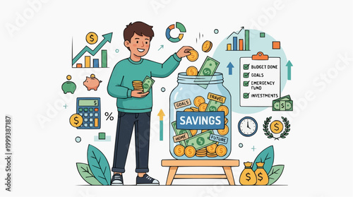 A financially savvy individual diligently saves money, contributing coins and currency into a transparent glass jar, an allegory for astute financial management. 