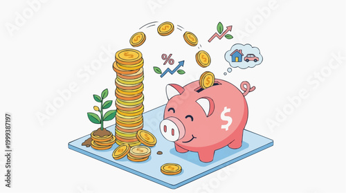 Financial planning concept, visualized with a cheerful piggy bank and golden coins, symbolizing saving, investment, and future goals, such as buying house or car.