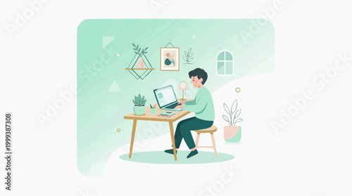 A person is working on laptop in a stylish and well-lit office setup. Capturing the essence of remote work and the allure of a comfortable workspace, this image embodies productivity, focus.