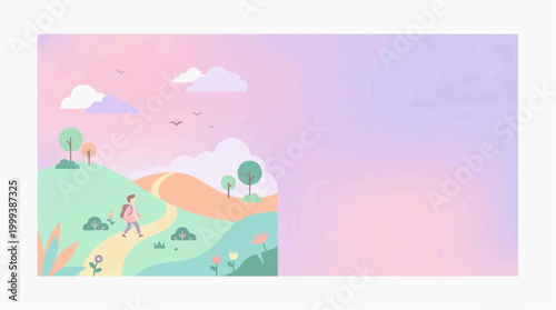 A solo traveler embarking on a scenic hike, navigating a winding path through a picturesque pastel landscape, evoking a sense of tranquility. 
