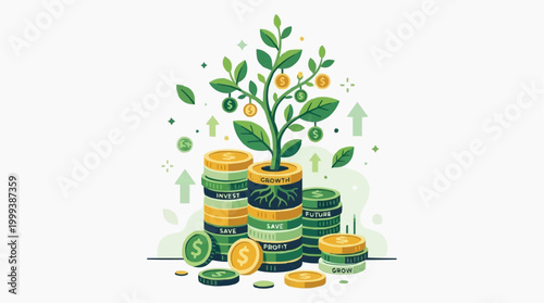 A symbolic illustration of financial growth and prosperity, with a tree flourishing from a stack of coins, depicting the concept of investment.