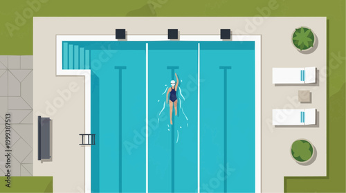 An aerial illustration of a lone swimmer in a competitive outdoor pool, meticulously rendered, captures the dynamic essence of motion and aquatic finesse. 