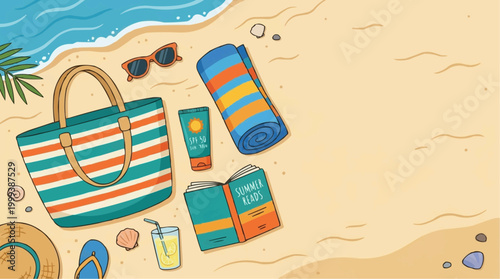 A top-down view of summer essentials artfully arranged on a sandy beach, evokes relaxation and anticipation. This vibrant illustration captures the essence of a perfect day.