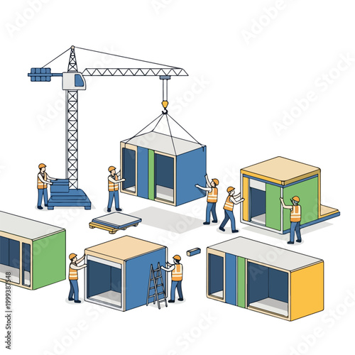 Construction workers assemble modular building units using a crane and scaffolding on a white background