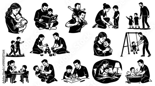 Family Parenthood Childhood Black  White Line Art Vector Illustration Set