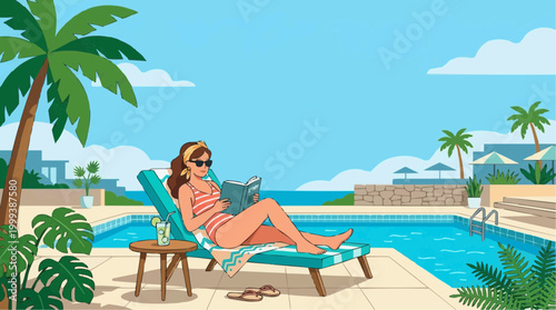 A stylish woman enjoys a relaxing vacation, reading a book poolside. A perfect illustration of leisure, the scene is a blend of comfort, style, and tranquility.