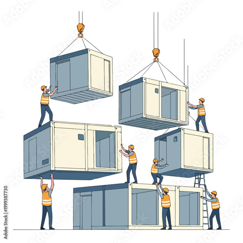 Construction workers assembling modular buildings using cranes and prefabricated units on a white background