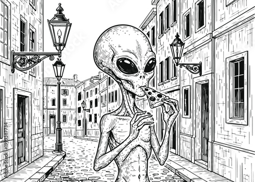 Extraterrestrial figure eating pizza slice in historic European street with vintage lampposts