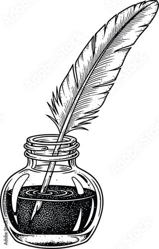 Feather quill pen dipped in inkwell with ripples of liquid during creative writing
