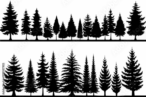 Pine tree silhouettes in two rows black on white background