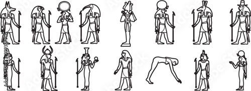 Ancient Egyptian Gods Illustrations, capturing the mystery and historical significance. A collection of illustrations, each depicting the unique characteristics.