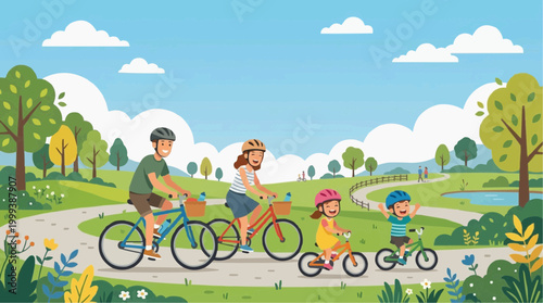 A happy family enjoys a scenic bicycle ride through a vibrant park on a sunny day. Capturing the joy of outdoor activity and togetherness.