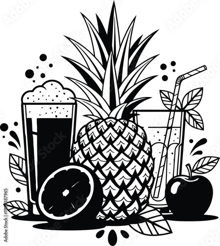 Fresh fruit juice and whole pineapple composition with leaves and splashes during summer refreshment