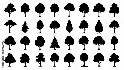 collection of twenty one black tree silhouettes on a white background