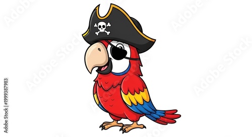 Cute cartoon parrot pirate with eye patch and hat, isolated on white background