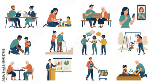 Flat Vector Illustration of Diverse Social Interactions, Community, Family, Business, Care