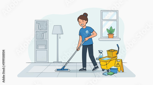 An illustration of a diligent cleaner, mopping the floor in a tidy room, showcasing service, cleanliness, and the importance of sanitation.