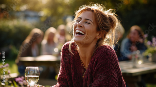 Young woman laughing joyfully while sitting outdoors in the sun  