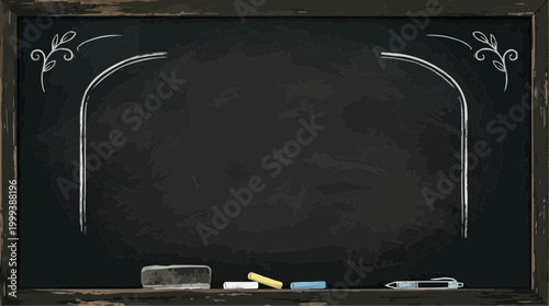 A classic framed blackboard with chalk, eraser, perfect for education and business with ample copy space.