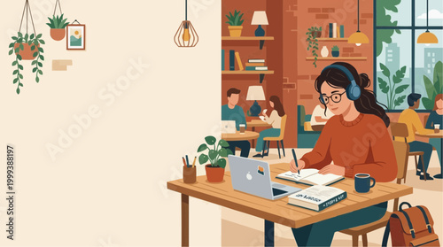 A focused individual engrossed in her studies within a cozy cafe ambiance, creating a scene of tranquil learning.