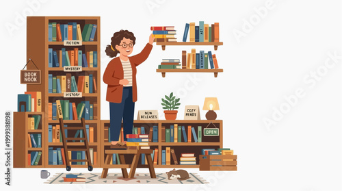 A librarian is arranging books on the shelf, creating a cozy and inviting reading space with a ladder and a cat curled up, evoking a sense of calm and knowledge.