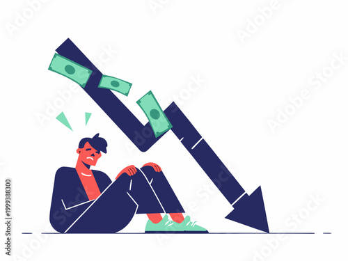 falling graph with distressed person vector illustration on white background