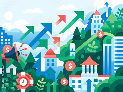 colorful economic growth illustration with buildings arrows and dollar signs