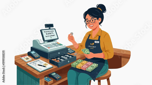 A skilled cashier diligently managing the register and organizing currency, exemplifying efficiency and attention to detail.