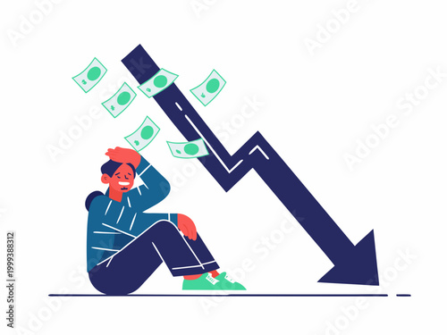 Illustration of a distressed person with falling money and a declining graph