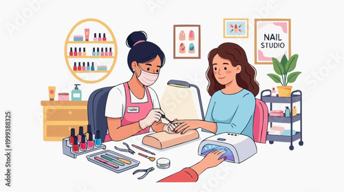 An illustrative scene of a manicure session. A manicurist is carefully applying a coat of nail polish to a customer's hand, creating a sense of relaxation and pampering.