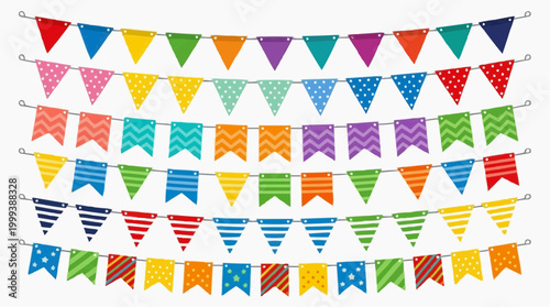 Colorful string flags on a vibrant holiday background, symbol of celebration. The pennant banners evoke a cheerful and festive atmosphere.
