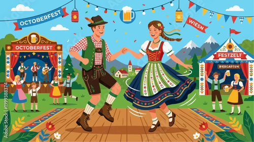 A vibrant illustration of a lively Oktoberfest scene, capturing the spirit of traditional festivities. A man and a woman in traditional attire dance joyously.