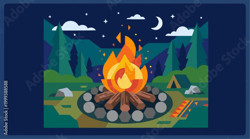 A vibrant campfire illustration. Evoking warmth, adventure, and the serene beauty of the wilderness, with a campfire blazing brightly against a starlit night. 