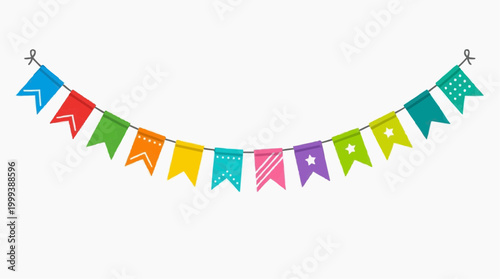 Colorful bunting banners strung together creating festive atmosphere with vibrant colors, perfect for any celebration, party.