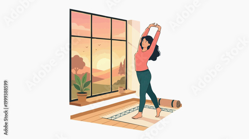 A serene woman stretches gracefully in a sunlit room, embracing the dawn with arms raised, creating a peaceful and rejuvenating illustration of wellness and tranquility.