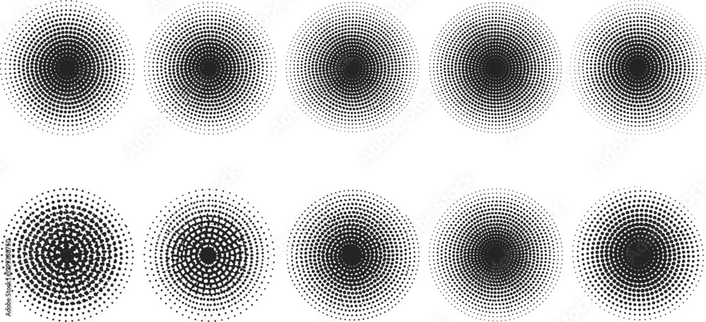 Fototapeta premium Halftone circle gradients set radial dot patterns black and white abstract textures retro print effect vector illustration collectio