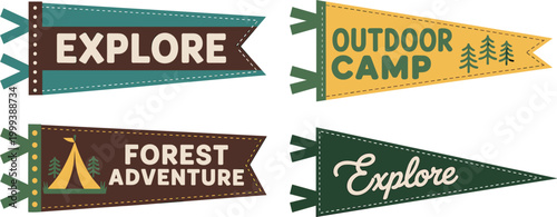 Vintage outdoor adventure badges with explore camp forest themed design