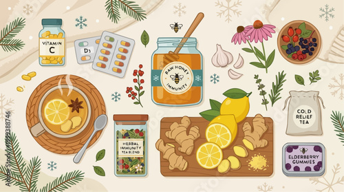 An arrangement of health and wellness elements, a visual recipe for natural remedies, with the freshness of herbal ingredients on the cozy setting.