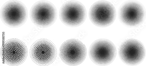 Halftone circle gradients set radial dot patterns black and white abstract textures retro print effect vector illustration collectio