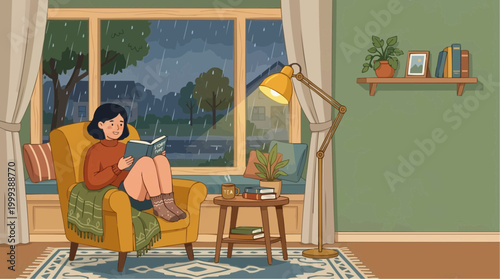 A cozy scene of indoor relaxation during a rainy day, inviting a sense of comfort and serenity. The warm glow of the lamp and the inviting presence of a book transport us to a tranquil place.