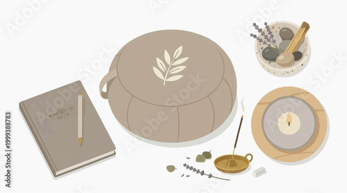 A tranquil meditation setup evokes serenity and inner peace. An artistic illustration showcasing a harmonious ensemble of essentials designed to nurture a calm and mindful experience.