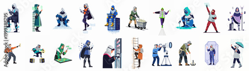 Comprehensive set of futuristic, cyberpunk-themed character illustrations engaged in high-tech activities like data mining, server management, and scientific research on a white background.