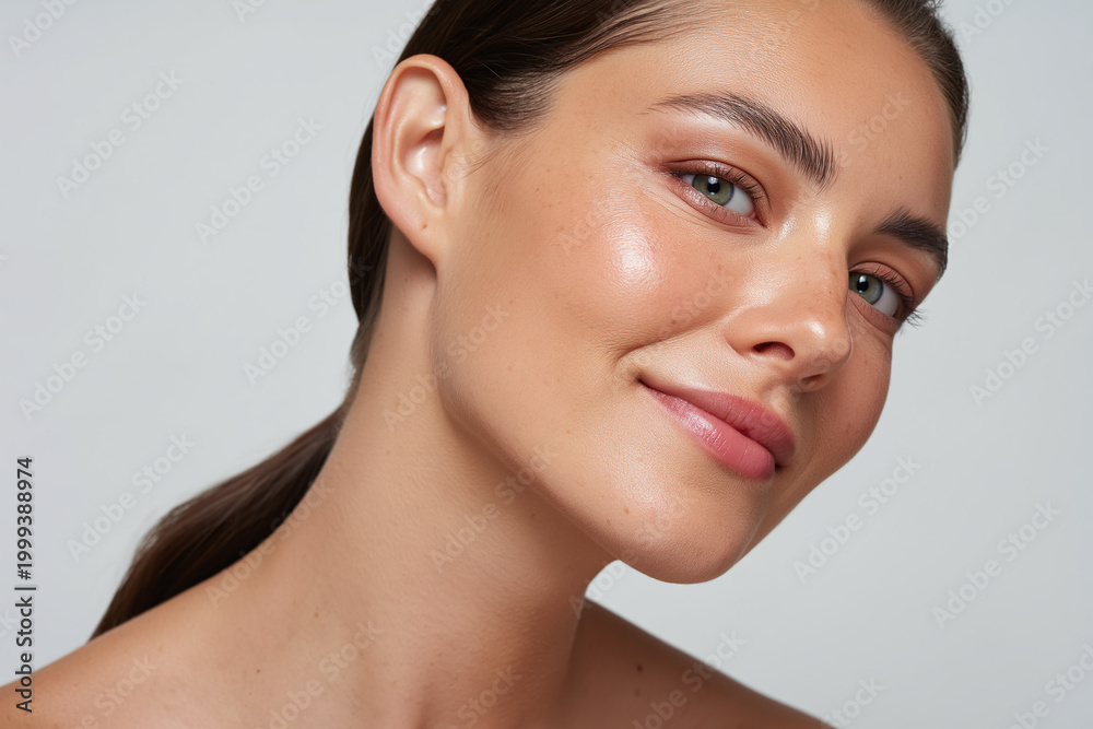 Obraz premium Young woman close up portrait with natural daylight illuminating skin, glowing complexion, subtle makeup, relaxed expression, soft smile