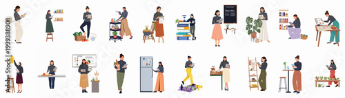 Collection of professional nutritionists and women managing healthy diets, meal planning, and wellness routines in flat illustration style.